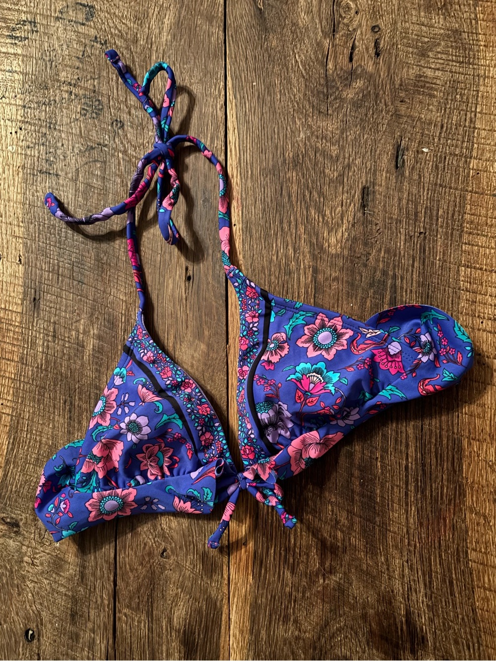 Purple Floral Bikini Top - Vibrant Pink & Teal Flowers